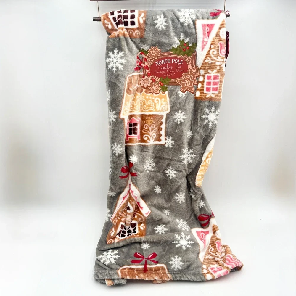 North Pole Cookie Co. Plush Throw Blanket 60x70 Grey Gingerbread House